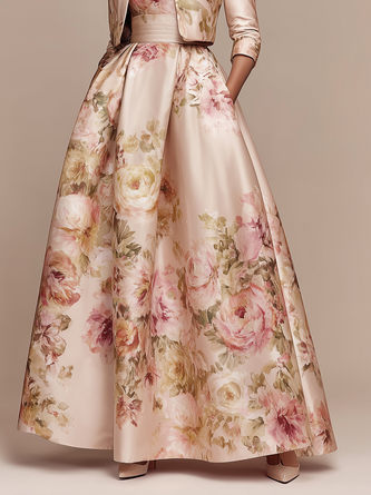 Elegant Floral Printing Stand Collar Maxi Dress With Coat