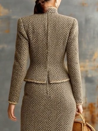 Elegant Buttoned Herringbone Stand Collar Jacket