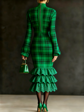 Elegant Plaid Stand Collar Midi Dress