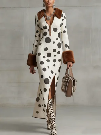 Elegant Polka Dots Side-Slit Shawl Collar Sweater Maxi Dress