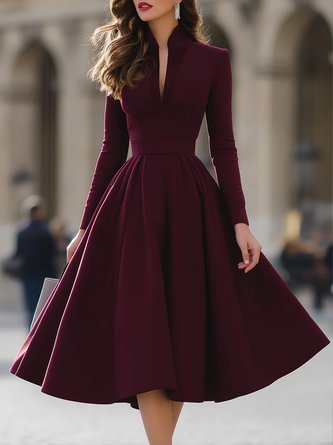 Elegant Plain V Neck Midi Dress
