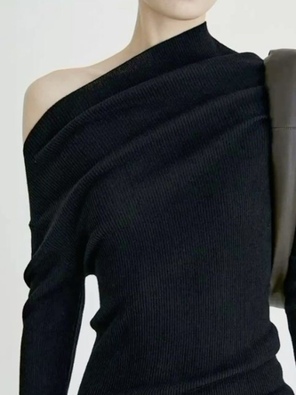 Knitted Casual Plain Boat Neck T-shirt