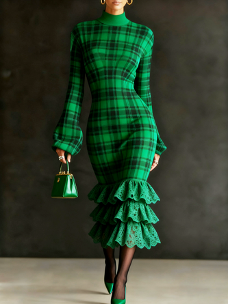 Elegant Plaid Stand Collar Midi Dress