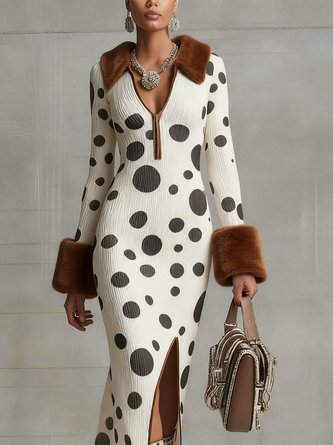 Elegant Polka Dots Side-Slit Shawl Collar Sweater Maxi Dress