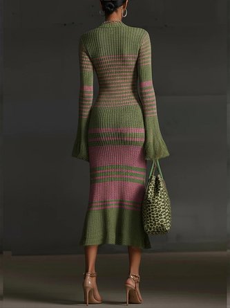 Elegant Color Block Bell Sleeve V Neck Sweater Midi Dress