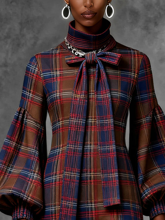 Urban Plaid Lace-up Stand Collar Mini Dress Belt