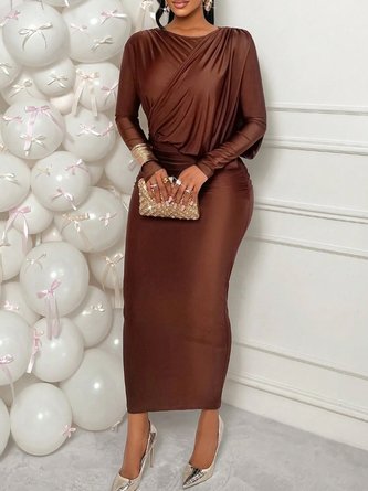 Elegant Plain Ruched Crew Neck Midi Dress