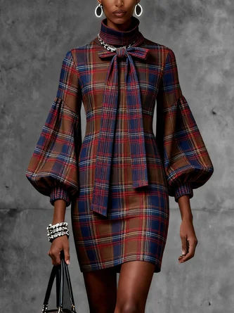 Urban Plaid Lace-up Stand Collar Mini Dress Belt
