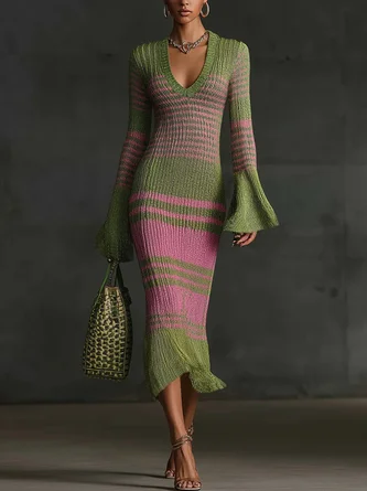 Elegant Color Block Bell Sleeve V Neck Sweater Midi Dress