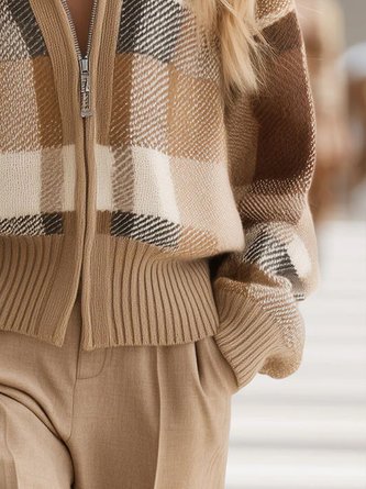 Casual Plaid Stand Collar Sweater Cardigan