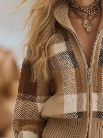 Casual Plaid Stand Collar Sweater Cardigan