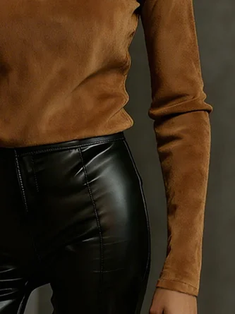 Suede Urban Plain Stand Collar Faux Leather Top