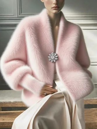 Urban Faux Mink V-Neck Sweater Cardigan with Brooch