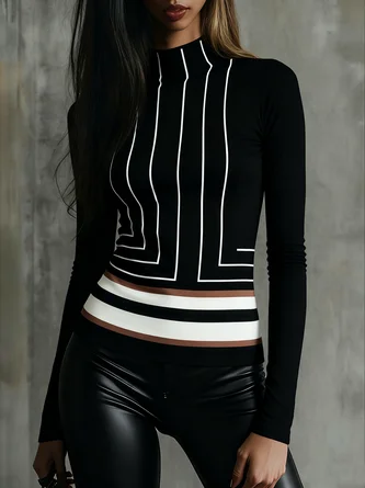 Urban Color Block Printing Mock Neck T-shirt