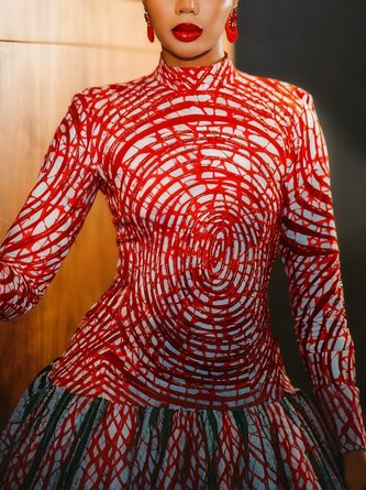 Elegant Random Print Printing Stand Collar T-shirt