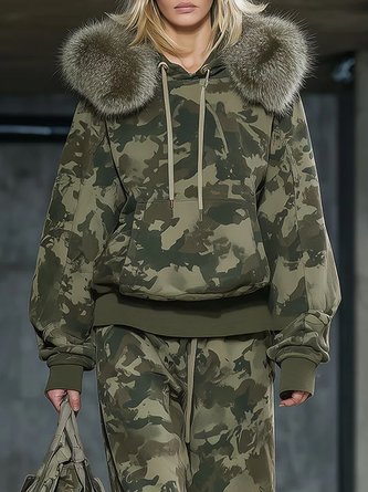 Casual Camo Printing Fur Collar Hoodie