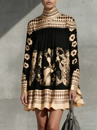 Urban Geometric Printing Turtleneck Mini Dress