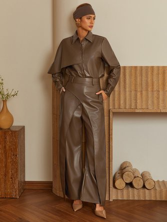 Urban Plain Irregular Craftsmanship Shirt Collar Faux Leather Top