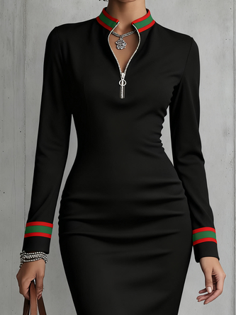 Elegant Color Block Stand Collar Mini Dress