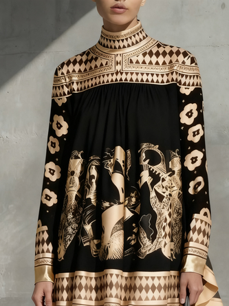 Urban Geometric Printing Turtleneck Mini Dress