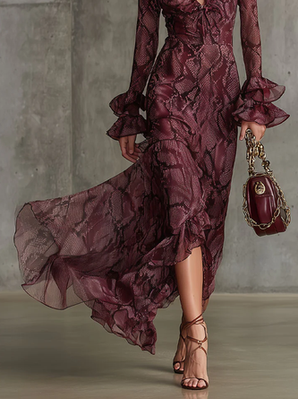 Urban Snakeskin Printing V Neck Maxi Dress