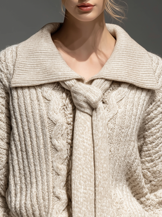 Casual Plain Lace-up Shawl Collar Sweater With Scarf