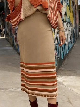 Casual Striped Sweater Midi Skirt