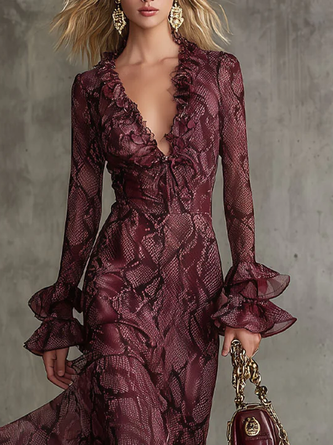 Urban Snakeskin Printing V Neck Maxi Dress