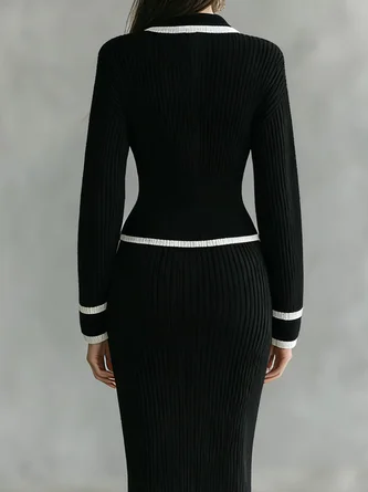 Elegant Color Block Shirt Collar Sweater Cardigan