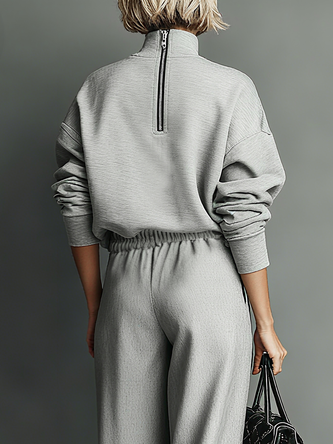 Casual Plain Zipper Stand Collar Sweatshirt