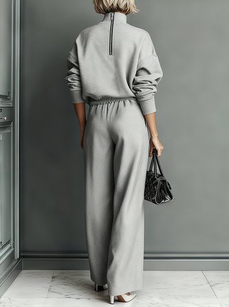 Casual Plain Zipper Stand Collar Sweatshirt