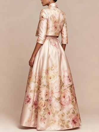 Elegant Floral Printing Stand Collar Maxi Dress With Coat