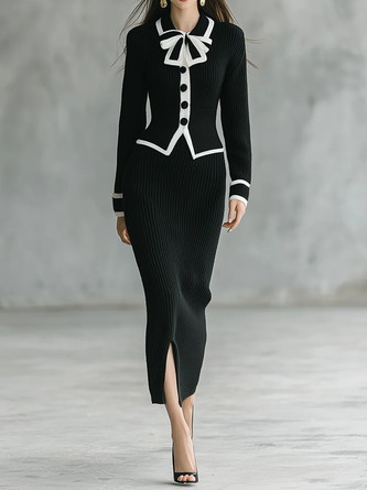 Elegant Color Block Shirt Collar Sweater Cardigan