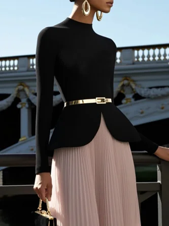 Urban Plain Stand Collar Blouse With Belt