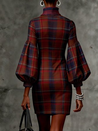 Urban Plaid Lace-up Stand Collar Mini Dress Belt