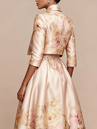 Elegant Floral Printing Stand Collar Maxi Dress With Coat