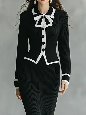 Elegant Color Block Shirt Collar Sweater Cardigan