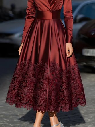 Elegant Plain Satin Lace V Neck Midi Dress