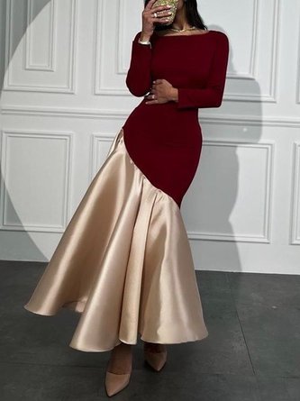 Elegant Color Block Irregular Craftsmanship Boat Neck Party Maxi Dress