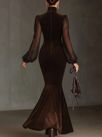 Elegant Color Block Balloon Sleeve Feather-trimmed Maxi Dress