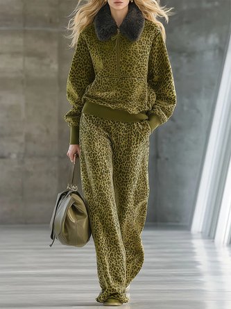 Urban Leopard Printing Shawl Collar Fur Collar Sweatshirt