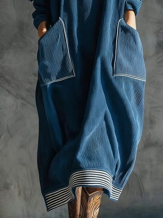 Urban Plain Corduroy Pocket Stitching Turtleneck Midi Dress