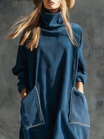 Urban Plain Corduroy Pocket Stitching Turtleneck Midi Dress