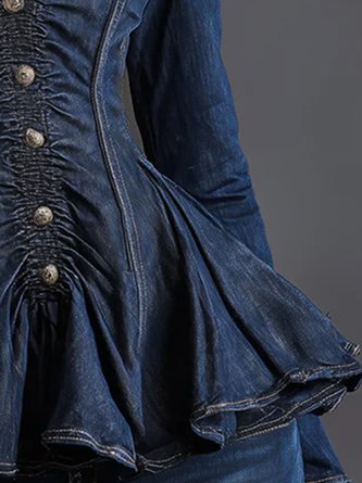 Denim Casual Peplum Lotus Leaf Collar Bell Sleeve Shirt - Image 3