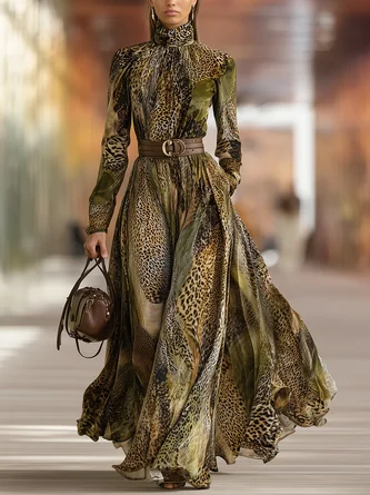 Elegant Leopard Printing Mock Neck Maxi Dress With Belt