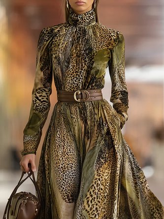 Elegant Leopard Printing Mock Neck Maxi Dress With Belt