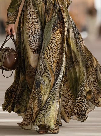 Elegant Leopard Printing Mock Neck Maxi Dress With Belt