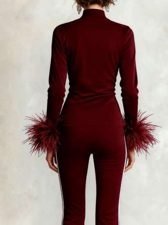 Elegant Plain Feather Stand Collar Blouse