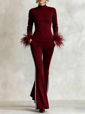 Elegant Plain Feather Stand Collar Blouse