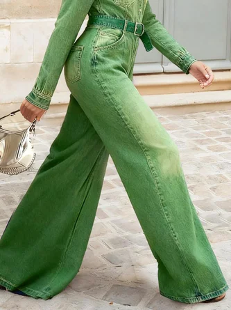 Plain Casual Loose Denim Jeans With Belt